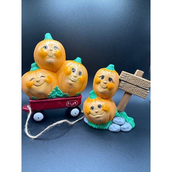 FLYER red wagon ceramic Halloween Pumpkin Pile Autumn Harvest Anthropomorphic - Picture 1 of 8